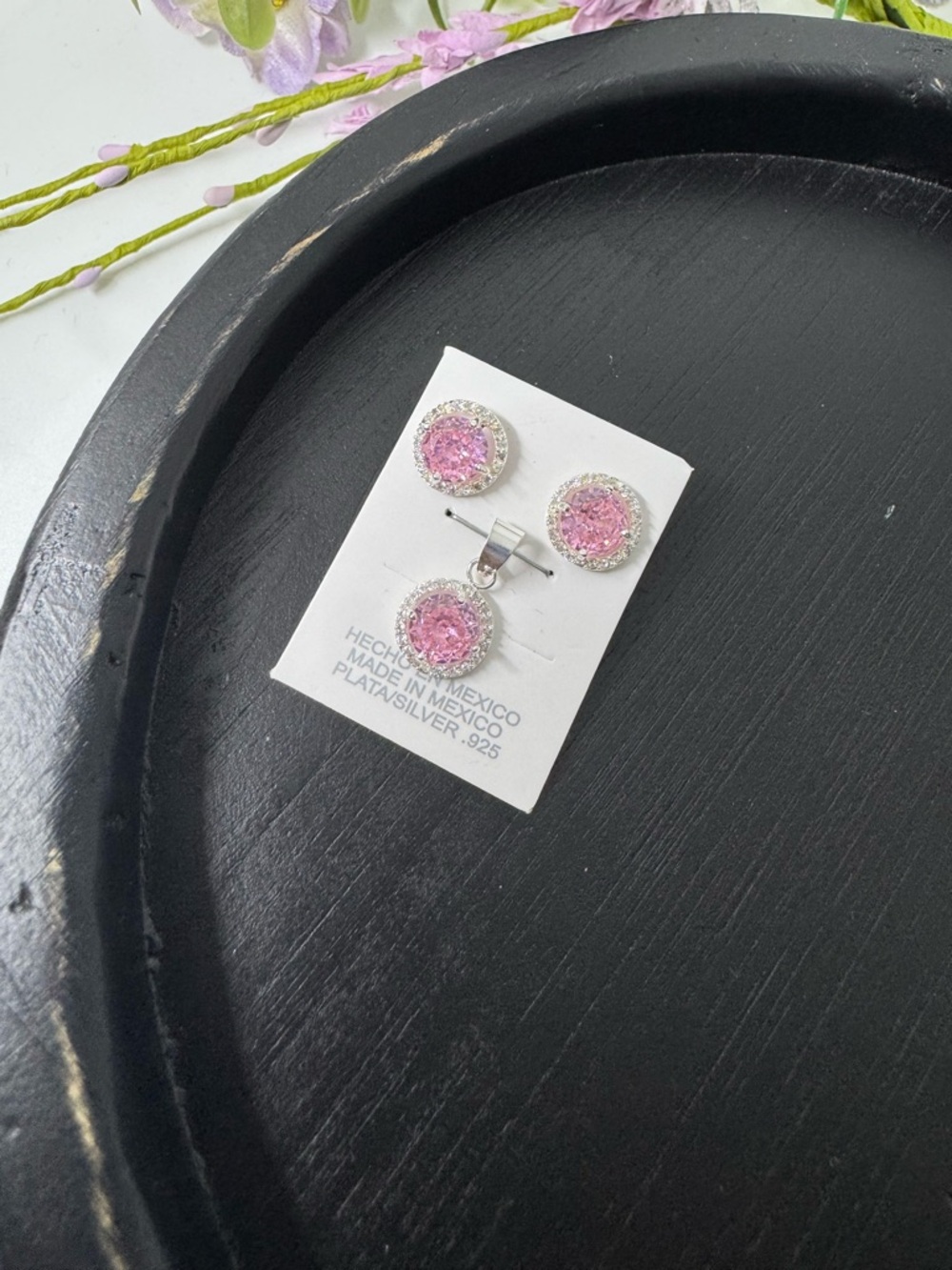 Pink Crystal Silver 925 Studs & Pendant Set